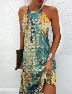 Online Women's Mini Dress Petite Dress Sundress Summer Dress Halter Neck Dress Active Fashion Streetwear Outdoor Vacation Daily Regular Fit Floral Sleeveless Halter Neck Light Green Royal Blue Women T Shirt Dresses