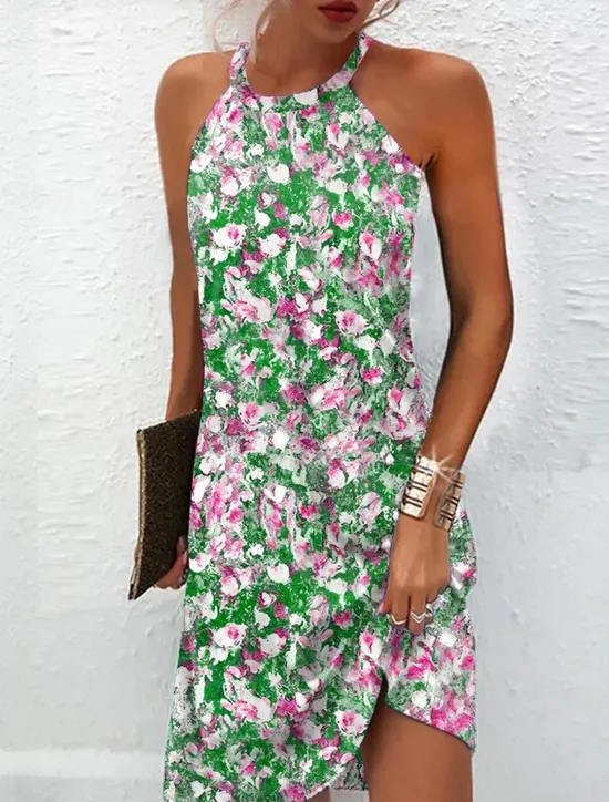 Online Women's Mini Dress Petite Dress Sundress Summer Dress Halter Neck Dress Active Fashion Streetwear Outdoor Vacation Daily Regular Fit Floral Sleeveless Halter Neck Light Green Royal Blue Women T Shirt Dresses