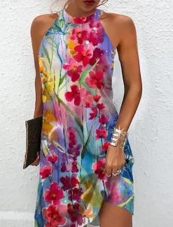 Online Women's Mini Dress Petite Dress Sundress Summer Dress Halter Neck Dress Active Fashion Streetwear Outdoor Vacation Daily Regular Fit Floral Sleeveless Halter Neck Light Green Royal Blue Women T Shirt Dresses