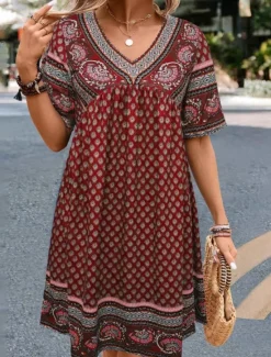 Outlet Women's Mini Dress Petite Dress Casual Dress Ethnic Dress T Shirt Dress Tee Dress Boho Dress Vintage Ethnic Casual Vacation Daily Regular Fit Paisley Short Sleeve V Neck Wine Blue Summer Women Spring Dresses