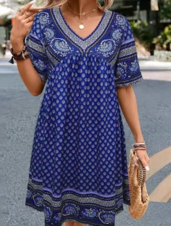 Outlet Women's Mini Dress Petite Dress Casual Dress Ethnic Dress T Shirt Dress Tee Dress Boho Dress Vintage Ethnic Casual Vacation Daily Regular Fit Paisley Short Sleeve V Neck Wine Blue Summer Women Spring Dresses