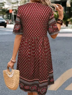 Outlet Women's Mini Dress Petite Dress Casual Dress Ethnic Dress T Shirt Dress Tee Dress Boho Dress Vintage Ethnic Casual Vacation Daily Regular Fit Paisley Short Sleeve V Neck Wine Blue Summer Women Spring Dresses