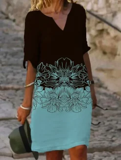 Online Women's Mini Dress Petite Dress T Shirt Dress Tee Dress Shift Dress Summer Dress Active Fashion Streetwear Outdoor Vacation Work Regular Fit Floral Half Sleeve Split Neck Navy Blue Blue Women T Shirt Dresses