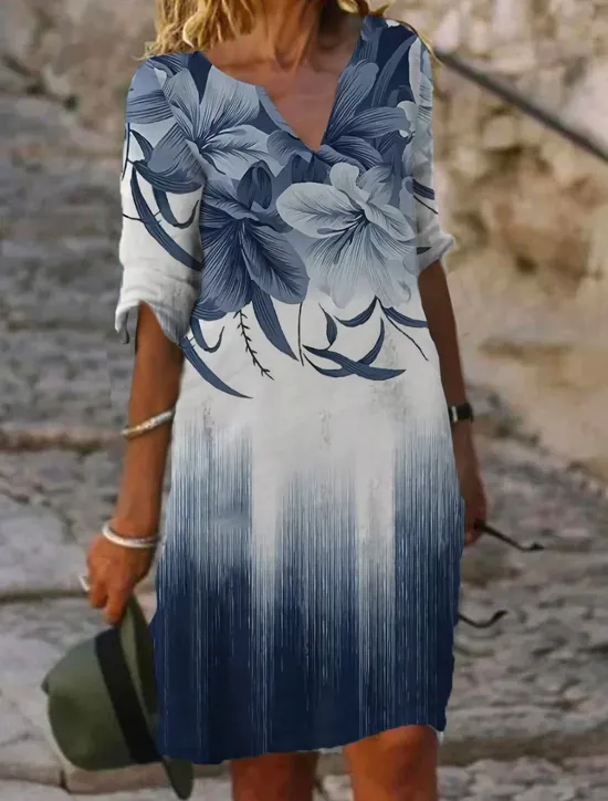 Online Women's Mini Dress Petite Dress T Shirt Dress Tee Dress Shift Dress Summer Dress Active Fashion Streetwear Outdoor Vacation Work Regular Fit Floral Half Sleeve Split Neck Navy Blue Blue Women T Shirt Dresses