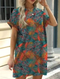 New Women's Mini Dress Petite Dress Casual Dress T Shirt Dress Tee Dress Boho Dress Stylish Casual Vacation Daily Regular Fit Floral Leaf Short Sleeve Crew Neck Blue Brown Green Summer Women Floral Dresses