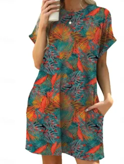 New Women's Mini Dress Petite Dress Casual Dress T Shirt Dress Tee Dress Boho Dress Stylish Casual Vacation Daily Regular Fit Floral Leaf Short Sleeve Crew Neck Blue Brown Green Summer Women Floral Dresses