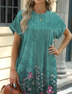 New Women's Mini Dress Petite Dress Casual Dress T Shirt Dress Tee Dress Boho Dress Stylish Casual Vacation Daily Regular Fit Floral Leaf Short Sleeve Crew Neck Blue Brown Green Summer Women Floral Dresses