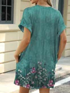 New Women's Mini Dress Petite Dress Casual Dress T Shirt Dress Tee Dress Boho Dress Stylish Casual Vacation Daily Regular Fit Floral Leaf Short Sleeve Crew Neck Blue Brown Green Summer Women Floral Dresses