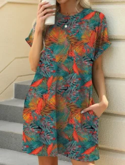 New Women's Mini Dress Petite Dress Casual Dress T Shirt Dress Tee Dress Boho Dress Stylish Casual Vacation Daily Regular Fit Floral Leaf Short Sleeve Crew Neck Blue Brown Green Summer Women Floral Dresses