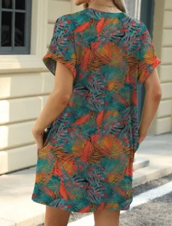 New Women's Mini Dress Petite Dress Casual Dress T Shirt Dress Tee Dress Boho Dress Stylish Casual Vacation Daily Regular Fit Floral Leaf Short Sleeve Crew Neck Blue Brown Green Summer Women Floral Dresses