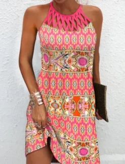 Discount Women's Mini Dress Petite Dress Casual Dress Ethnic Dress Boho Dress Halter Neck Dress Fashion Stylish Modern Vacation Daily Date Regular Fit Geometric Print Sleeveless Halter Neck Summer Spring Women Spring Dresses
