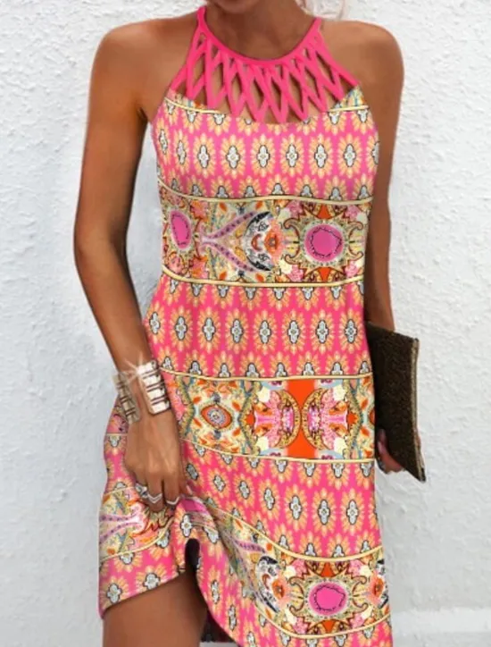 Discount Women's Mini Dress Petite Dress Casual Dress Ethnic Dress Boho Dress Halter Neck Dress Fashion Stylish Modern Vacation Daily Date Regular Fit Geometric Print Sleeveless Halter Neck Summer Spring Women Spring Dresses