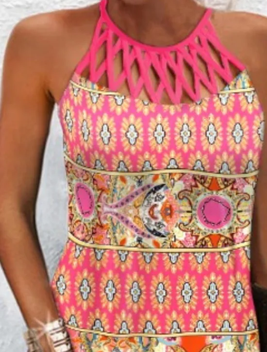 Discount Women's Mini Dress Petite Dress Casual Dress Ethnic Dress Boho Dress Halter Neck Dress Fashion Stylish Modern Vacation Daily Date Regular Fit Geometric Print Sleeveless Halter Neck Summer Spring Women Spring Dresses