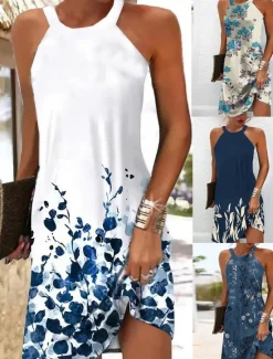 Clearance Women's Mini Dress Petite Dress Sundress Summer Dress Slip Dress Active Fashion Streetwear Outdoor Vacation Daily Regular Fit Floral Sleeveless Halter Neck White Royal Blue Blue Dark Green Women Sundresses