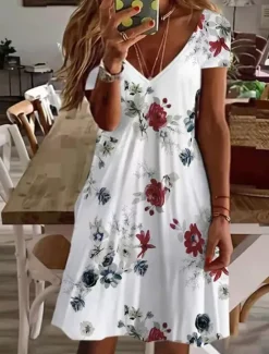 Women's Mini Dress Petite Dress T Shirt Dress Tee Dress Sundress A Line Dress Cute Outdoor Vacation Birthday Regular Fit Floral Short Sleeve V Neck Black White Pink Wine Summer Women T Shirt Dresses