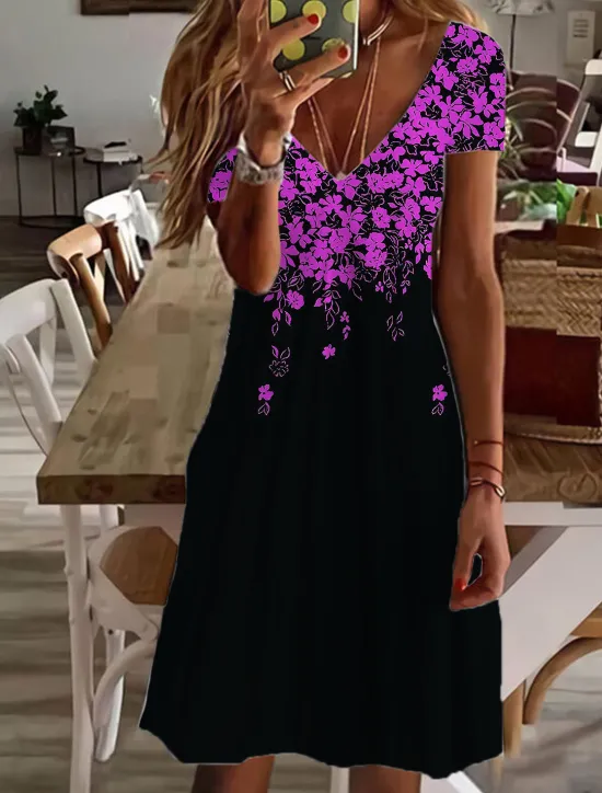 Women's Mini Dress Petite Dress T Shirt Dress Tee Dress Sundress A Line Dress Cute Outdoor Vacation Birthday Regular Fit Floral Short Sleeve V Neck Black White Pink Wine Summer Women T Shirt Dresses