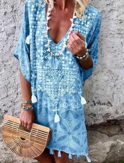 Sale Women's Mini Dress Petite Dress Vintage Dress Casual Dress Boho Chic Dresses Boho Dress Bohemia Ethnic Vacation Holiday Loose Fit Geometric Tribal Half Sleeve V Neck Pink Wine Green Khaki Summer Women Spring Dresses