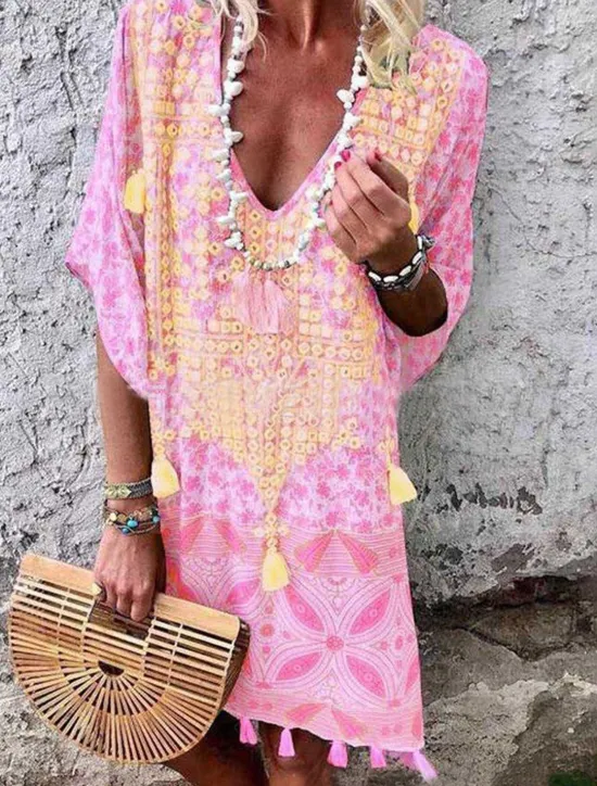 Sale Women's Mini Dress Petite Dress Vintage Dress Casual Dress Boho Chic Dresses Boho Dress Bohemia Ethnic Vacation Holiday Loose Fit Geometric Tribal Half Sleeve V Neck Pink Wine Green Khaki Summer Women Spring Dresses