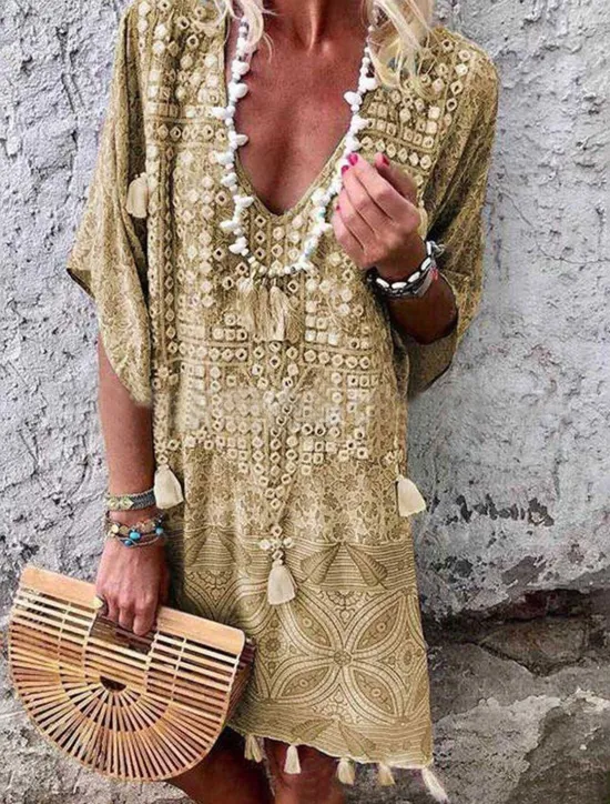 Sale Women's Mini Dress Petite Dress Vintage Dress Casual Dress Boho Chic Dresses Boho Dress Bohemia Ethnic Vacation Holiday Loose Fit Geometric Tribal Half Sleeve V Neck Pink Wine Green Khaki Summer Women Spring Dresses