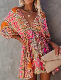Clearance Women's Mini Dress Petite Dress Paisley Dress Casual Dress Boho Chic Dresses Boho Dress Bohemia Ethnic A Line Vacation Street Holiday Loose Fit Floral Paisley 3/4 Length Sleeve V Neck Summer Women Spring Dresses
