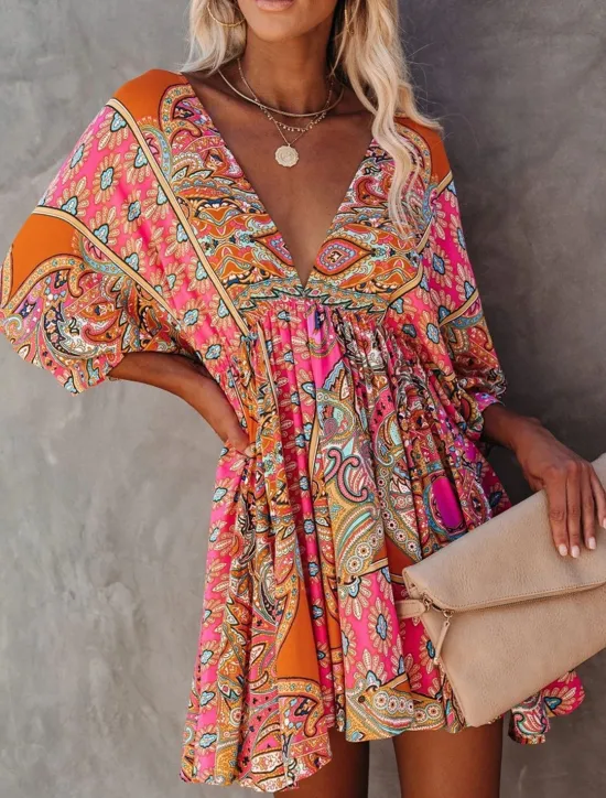Clearance Women's Mini Dress Petite Dress Paisley Dress Casual Dress Boho Chic Dresses Boho Dress Bohemia Ethnic A Line Vacation Street Holiday Loose Fit Floral Paisley 3/4 Length Sleeve V Neck Summer Women Spring Dresses
