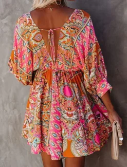 Clearance Women's Mini Dress Petite Dress Paisley Dress Casual Dress Boho Chic Dresses Boho Dress Bohemia Ethnic A Line Vacation Street Holiday Loose Fit Floral Paisley 3/4 Length Sleeve V Neck Summer Women Spring Dresses