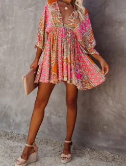 Clearance Women's Mini Dress Petite Dress Paisley Dress Casual Dress Boho Chic Dresses Boho Dress Bohemia Ethnic A Line Vacation Street Holiday Loose Fit Floral Paisley 3/4 Length Sleeve V Neck Summer Women Spring Dresses