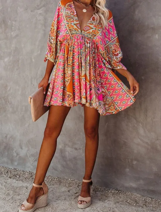 Clearance Women's Mini Dress Petite Dress Paisley Dress Casual Dress Boho Chic Dresses Boho Dress Bohemia Ethnic A Line Vacation Street Holiday Loose Fit Floral Paisley 3/4 Length Sleeve V Neck Summer Women Spring Dresses