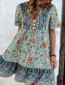 Outlet Women's Mini Dress Petite Dress Casual Dress Boho Chic Dresses Boho Dress Bohemia Ethnic Casual Vacation Daily Beach Loose Fit Floral Short Sleeve V Neck Red Green Summer Spring Women Spring Dresses
