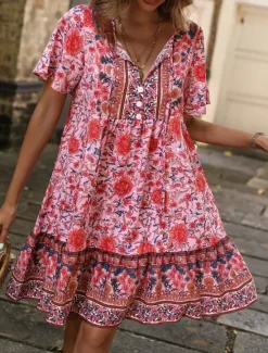 Outlet Women's Mini Dress Petite Dress Casual Dress Boho Chic Dresses Boho Dress Bohemia Ethnic Casual Vacation Daily Beach Loose Fit Floral Short Sleeve V Neck Red Green Summer Spring Women Spring Dresses