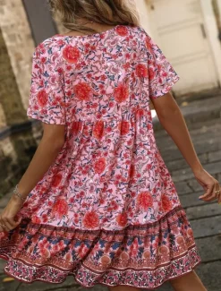 Outlet Women's Mini Dress Petite Dress Casual Dress Boho Chic Dresses Boho Dress Bohemia Ethnic Casual Vacation Daily Beach Loose Fit Floral Short Sleeve V Neck Red Green Summer Spring Women Spring Dresses