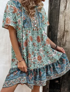 Outlet Women's Mini Dress Petite Dress Casual Dress Boho Chic Dresses Boho Dress Bohemia Ethnic Casual Vacation Daily Beach Loose Fit Floral Short Sleeve V Neck Red Green Summer Spring Women Spring Dresses