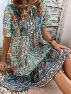 Outlet Women's Mini Dress Petite Dress Casual Dress Boho Chic Dresses Boho Dress Bohemia Ethnic Casual Vacation Daily Beach Loose Fit Floral Short Sleeve V Neck Red Green Summer Spring Women Spring Dresses