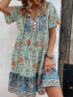 Outlet Women's Mini Dress Petite Dress Casual Dress Boho Chic Dresses Boho Dress Bohemia Ethnic Casual Vacation Daily Beach Loose Fit Floral Short Sleeve V Neck Red Green Summer Spring Women Spring Dresses