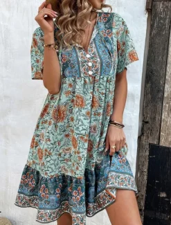 Outlet Women's Mini Dress Petite Dress Casual Dress Boho Chic Dresses Boho Dress Bohemia Ethnic Casual Vacation Daily Beach Loose Fit Floral Short Sleeve V Neck Red Green Summer Spring Women Spring Dresses