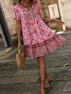 Outlet Women's Mini Dress Petite Dress Casual Dress Boho Chic Dresses Boho Dress Bohemia Ethnic Casual Vacation Daily Beach Loose Fit Floral Short Sleeve V Neck Red Green Summer Spring Women Spring Dresses