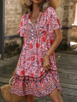 Outlet Women's Mini Dress Petite Dress Casual Dress Boho Chic Dresses Boho Dress Bohemia Ethnic Casual Vacation Daily Beach Loose Fit Floral Short Sleeve V Neck Red Green Summer Spring Women Spring Dresses