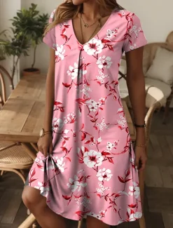 New Women's Mini Dress Petite Dress Casual Dress Sundress A Line Dress Summer Dress Elegant Vacation Stylish Vacation Daily Regular Fit Floral Graphic Ditsy Floral Short Sleeve Crew Neck Pink Blue Women T Shirt Dresses