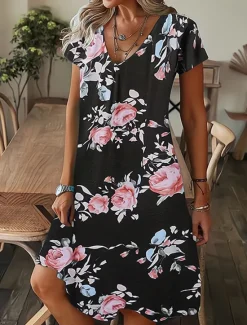 Best Women's Mini Dress Petite Dress T Shirt Dress Tee Dress Shift Dress Summer Dress Bohemia Fashion Basic Outdoor Vacation Party Regular Fit Tropical Short Sleeve V Neck Black White Yellow Women T Shirt Dresses