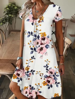 Best Women's Mini Dress Petite Dress T Shirt Dress Tee Dress Shift Dress Summer Dress Bohemia Fashion Basic Outdoor Vacation Party Regular Fit Tropical Short Sleeve V Neck Black White Yellow Women T Shirt Dresses