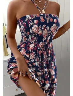 Women's Mini Dress Petite Dress Summer Dress Halter Neck Dress Print Dress Fashion Daily Going out Weekend Regular Fit Flower Sleeveless Halter Neck White Navy Blue Blue Summer Women Floral Dresses