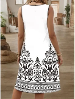 New Women's Mini Dress Petite Dress T Shirt Dress Tee Dress Sundress A Line Dress Vintage Ethnic Vacation Casual Beach Loose Fit Geometric Sleeveless Notched Neck Summer Women Spring Dresses|T Shirt Dresses