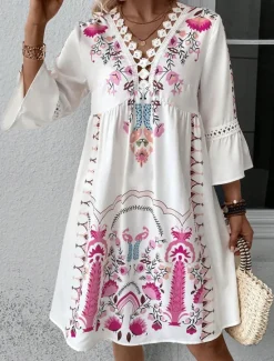New Women's Mini Dress Petite Dress Casual Dress Summer Dress Boho Dress Stylish Casual Vacation Daily Date Regular Fit Floral 3/4 Length Sleeve V Neck Black Red Fuchsia Apricot Summer Women Spring Dresses|Floral Dresses