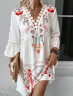 New Women's Mini Dress Petite Dress Casual Dress Summer Dress Boho Dress Stylish Casual Vacation Daily Date Regular Fit Floral 3/4 Length Sleeve V Neck Black Red Fuchsia Apricot Summer Women Spring Dresses|Floral Dresses