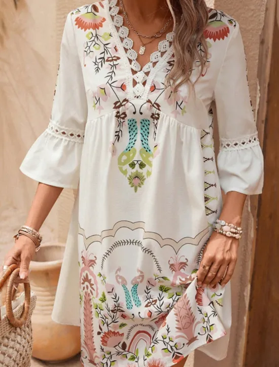 New Women's Mini Dress Petite Dress Casual Dress Summer Dress Boho Dress Stylish Casual Vacation Daily Date Regular Fit Floral 3/4 Length Sleeve V Neck Black Red Fuchsia Apricot Summer Women Spring Dresses|Floral Dresses