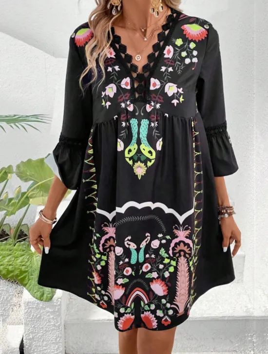 New Women's Mini Dress Petite Dress Casual Dress Summer Dress Boho Dress Stylish Casual Vacation Daily Date Regular Fit Floral 3/4 Length Sleeve V Neck Black Red Fuchsia Apricot Summer Women Spring Dresses|Floral Dresses