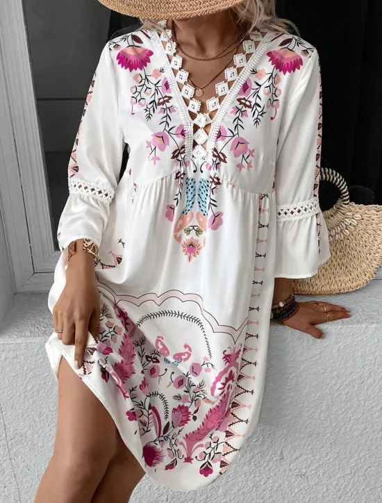 New Women's Mini Dress Petite Dress Casual Dress Summer Dress Boho Dress Stylish Casual Vacation Daily Date Regular Fit Floral 3/4 Length Sleeve V Neck Black Red Fuchsia Apricot Summer Women Spring Dresses|Floral Dresses