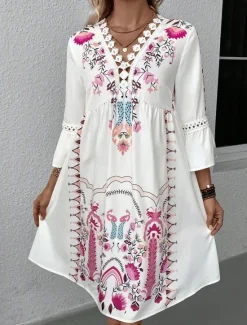 New Women's Mini Dress Petite Dress Casual Dress Summer Dress Boho Dress Stylish Casual Vacation Daily Date Regular Fit Floral 3/4 Length Sleeve V Neck Black Red Fuchsia Apricot Summer Women Spring Dresses|Floral Dresses