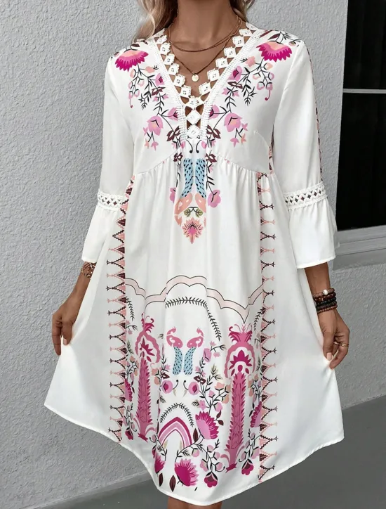 New Women's Mini Dress Petite Dress Casual Dress Summer Dress Boho Dress Stylish Casual Vacation Daily Date Regular Fit Floral 3/4 Length Sleeve V Neck Black Red Fuchsia Apricot Summer Women Spring Dresses|Floral Dresses