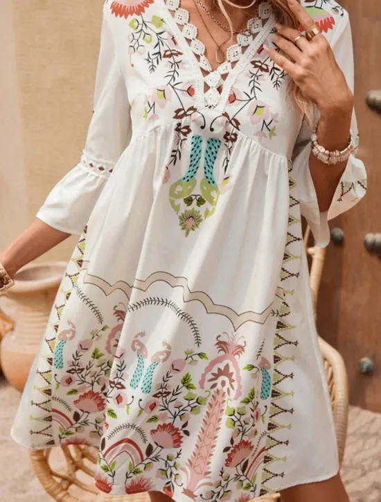 New Women's Mini Dress Petite Dress Casual Dress Summer Dress Boho Dress Stylish Casual Vacation Daily Date Regular Fit Floral 3/4 Length Sleeve V Neck Black Red Fuchsia Apricot Summer Women Spring Dresses|Floral Dresses